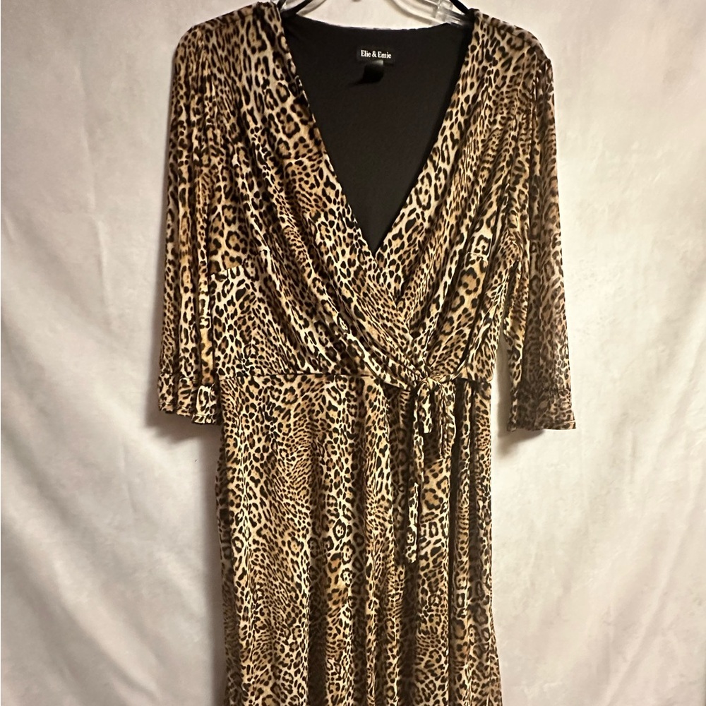 Elie & Emile Cheetah Print Faux Wrap Style Midi Dress w/ Sheer Sleeves Sz 20